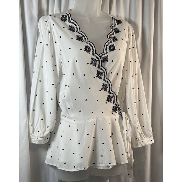 Loft Scalloped Polka Dot Wrap Blouse, White & Black, Sz: M, 80-32 - Picture 2 of 15